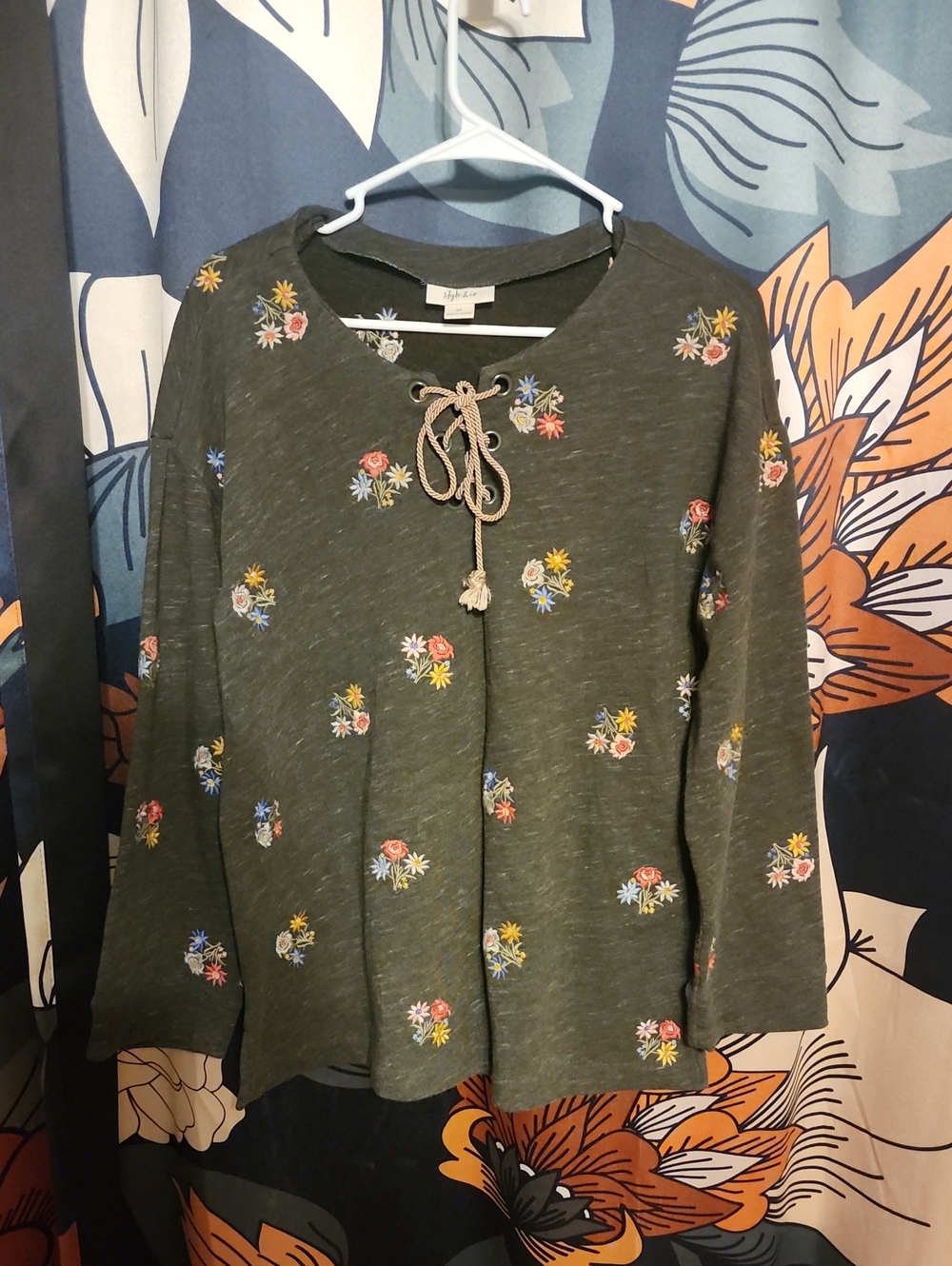 Style & Co. Olive Green Lace-Up Floral Embroidered Sweatshirt